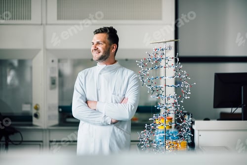 Preview: Confident scientist smiling in a modern lab with a DNA model in the background.