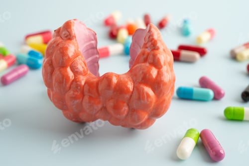 Preview: Thyroid model with pill drug treatment, Hyperthyroidism, Overactive or Lymphoma.