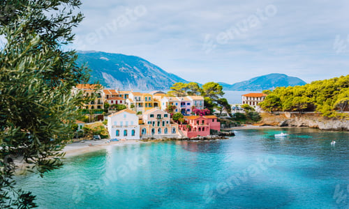Preview: Panoramic view of Assos village in Kefalonia, Greece. Turquoise blue colored water in Mediterranean