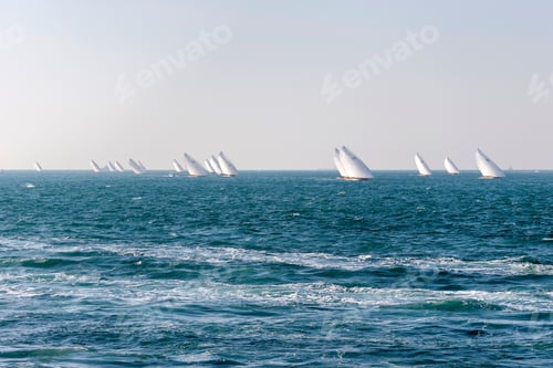 Preview: Sailing boats approaching the land. Race in Abu Dhabi, UAE.
