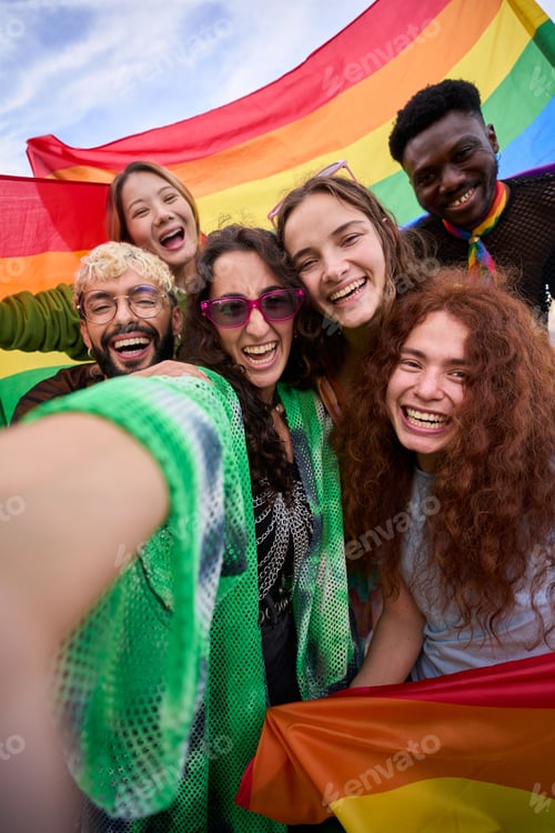 Preview: Portrait of a group of people are taking a selfie with a rainbow flag