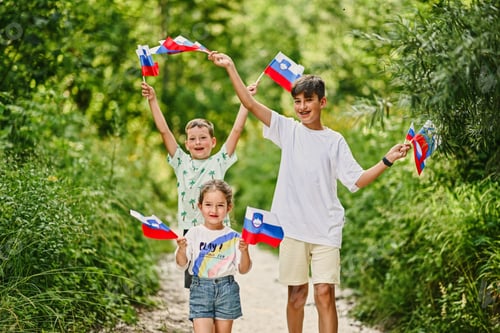 Preview: Children Holding Flags Outside on a Path