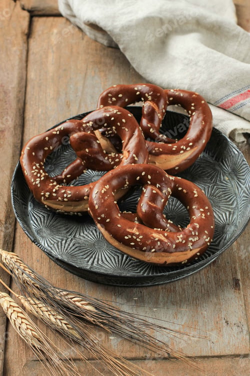 Preview: Freshly Baked Homemade Soft Pretzel (Bavarian Brezel) with Salt on Rustic Table.