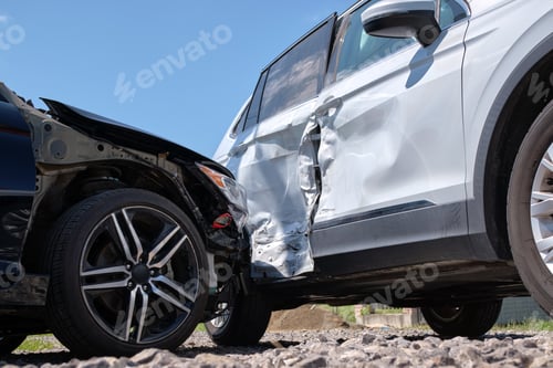 Preview: Cars crashed heavily in road accident after collision on city street.