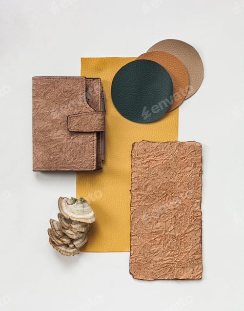 Preview: Vegan leather wallet made from mushroom mycelium, vegan bio leather samples top view, eco friendly