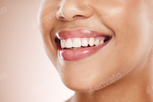 Preview: Dental, teeth and beauty with smile of woman for product, wellness and oral hygiene cosmetics. Self