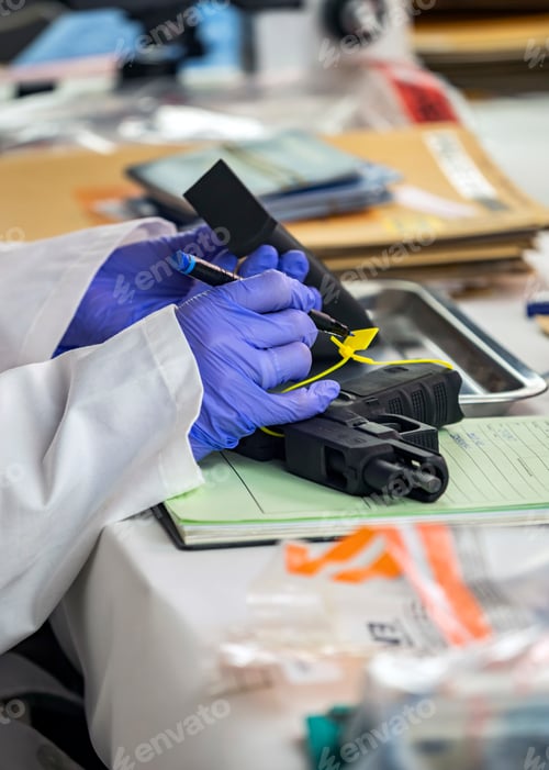 Preview: Police scientist writes serial number on firearm magazine in crime lab, conceptual image