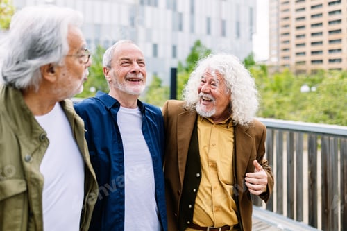 Preview: Happy senior men having fun together walking outdoors