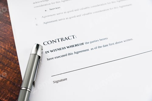 Preview: Commercial contracts must be signed, simulated contract seen from above.