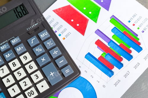 Preview: Checking accounting report on business table. Calculator
