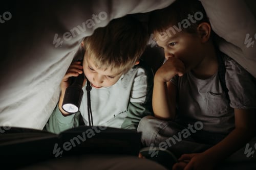 Preview: Boys Reading a Book with a Flashlight