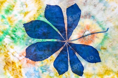 Preview: blue silhouette of chestnut leaf on silk batik