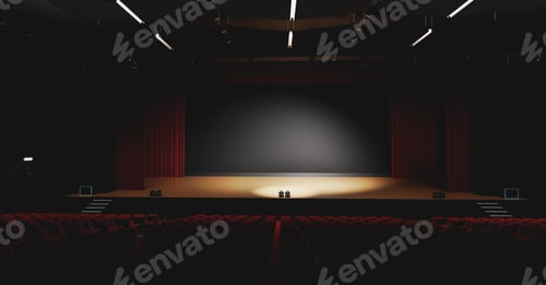 Preview: Theatre with empty stage in spotlight. Red theater curtain and seats