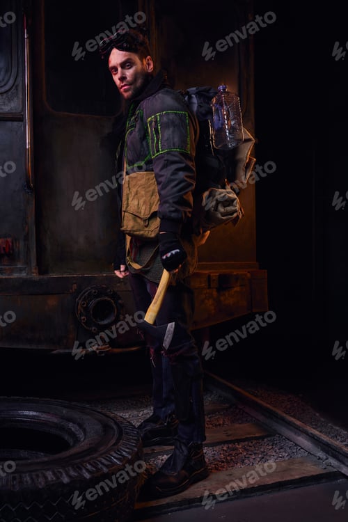 Preview: post-apocalyptic survivor with backpack, water bottle and axe looking at camera in abandoned subway