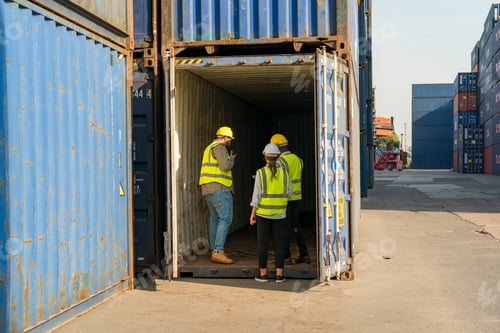 Vista previa: Workers inspect shipping containers at a busy logistics facility in daylight