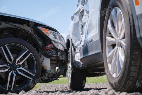 Preview: Damaged in heavy car accident vehicles after collision on city street crash site. Road safety and