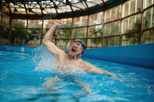 Preview: Excited senior man joy rejoicing in victory in swimming competitions