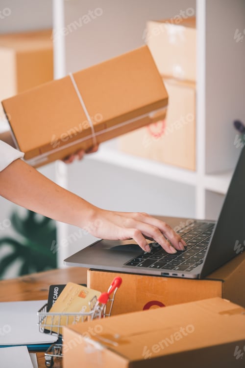 Preview: Small start-up business owners checking parcels at work, freelancers, salespeople, checking producti