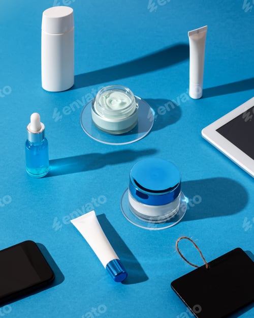 Preview: Skin care cosmetics protecting from gadgets blue light on blue background