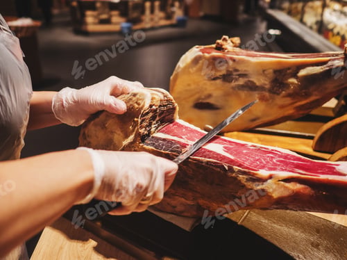 Preview: Pork leg. Jamon meat close up