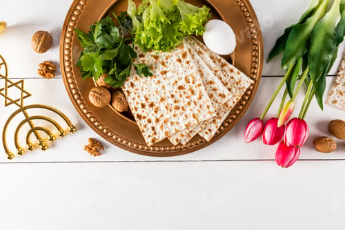 Preview: festive background for the Jewish Passover with traditional treats and symbols. Flat lay. border.