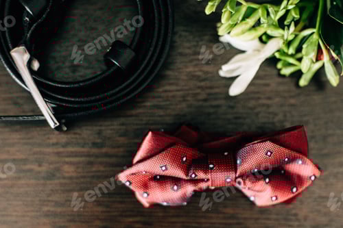 Preview: Bowtie with Belt and Boutonniere on Wood Table