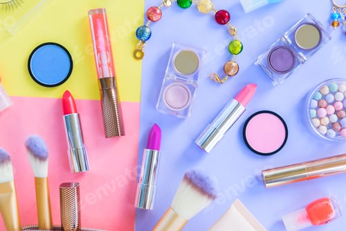 Preview: Colorful make up flat lay scene