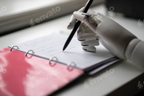 Preview: the artificial robotic arm write down some notes with pen