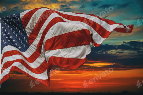 Preview: American flag flying, flag USA over beautiful Sunset sunrise with clouds, in sky sunrise clouds