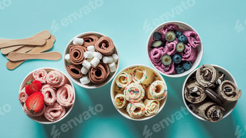 Preview: rolled ice creams in cone cups on blue background