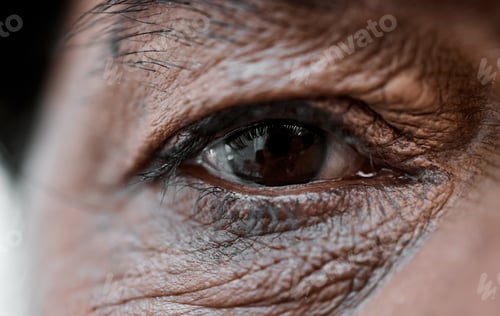 Preview: Eye, vision and wrinkles with a senior person closeup for sad emotion, pain or grief on an expressi