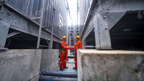 Preview: Workers in safety gear shake hands at an industrial site during daytime hours