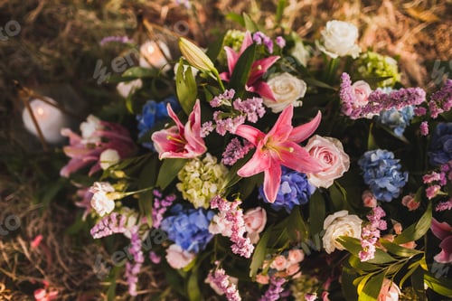 Preview: Wedding decorations Boho style with pink and purple orchids, roses, ivy and grape