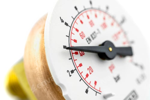 Preview: A macro photo of a pressure gauge scale to 10 BAR showing a pressure of 3 BAR