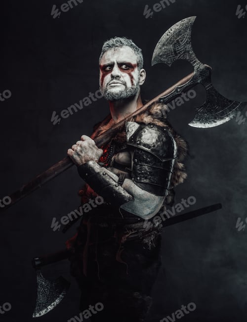 Preview: Dangerous fantasy warrior wih two axes in dark background