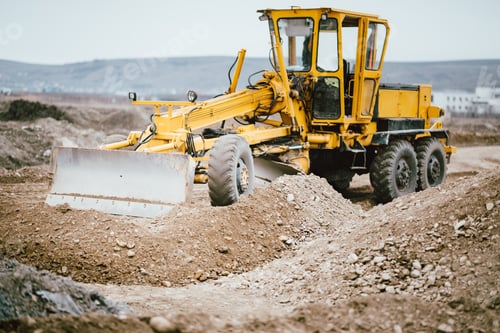 Preview: highway construction site with motor grader, excavator and bulldozer working
