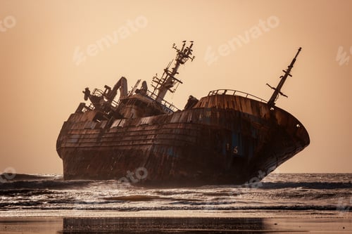 Preview: Beautiful shot of a historic dirty old ship after a shipwreck on a seashore