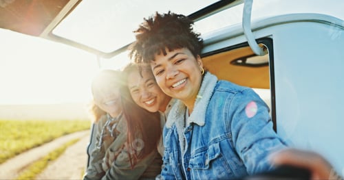 Preview: Road trip, selfie and smile with friends in nature together for outdoor holiday, travel or vacation