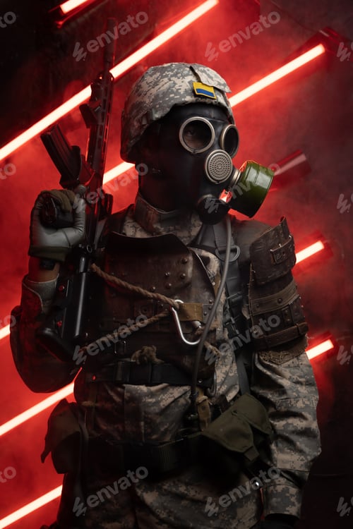 Preview: Apocalyptic soldier with rifle against red background with neon