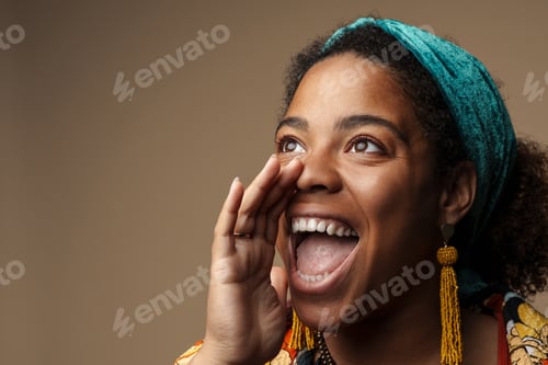 Preview: Young black woman in headband gesturing and screaming aside