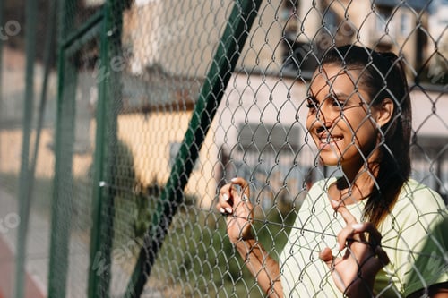 Preview: Smiling charming lady enjoying sunny day at stadium