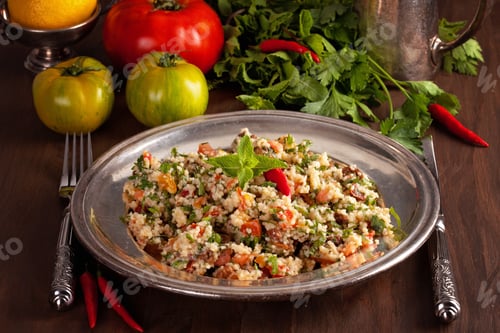 Preview: Tabboule - Middle Eastern vegetarian dish with couscous, tomatoes, parsley, dried raisins and mint
