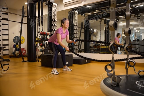 Preview: Mature european woman wearing sportswear doing sport exercise with ropes in gym