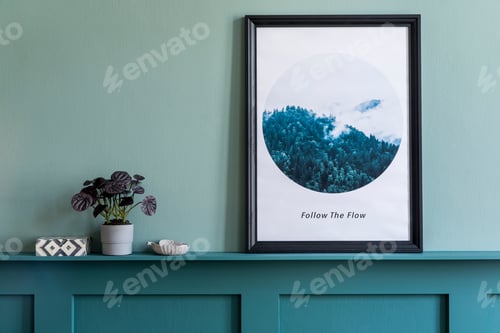 Preview: Creative interior design of living room at cozy apartment with mock up poster frame.