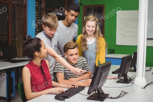 Preview: Smiling students studying in computer classroom