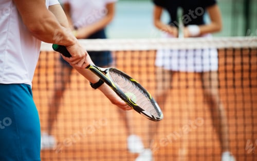 Preview: Fit happy poeple playing tennis together. Sport concept