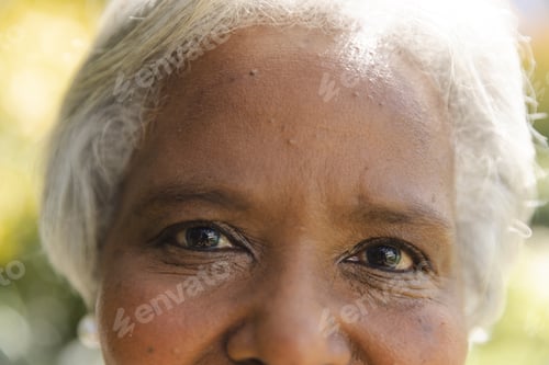 Preview: Portrait close up of happy senior biracial woman smiling in sunny garden at home