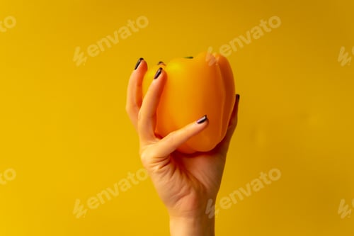 Preview: Woman's hand with a vegetable on a yellow background, healthy life, a yellow cucumber