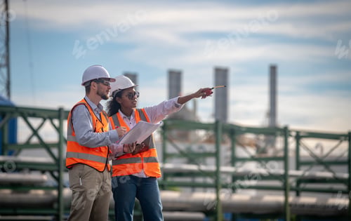 Preview: Engineers railway team wearing safety uniform and helmet under conversation document on hand inspect