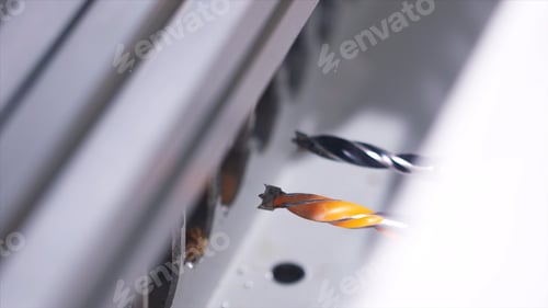 Preview: Close-up of working automatically wood drilling machine at the furniture factory. Action. Production
